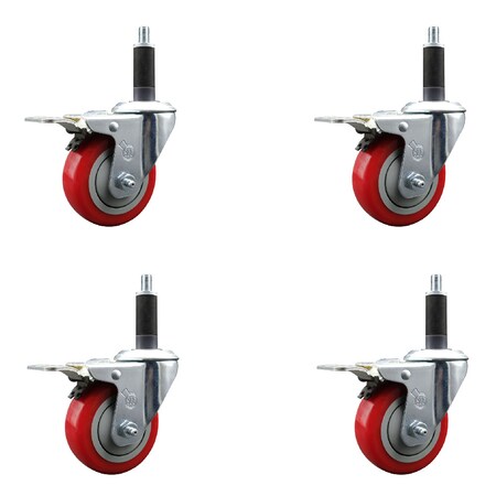 Service Caster 3.5'' SS Red Poly Swivel 1'' Expanding Stem Caster Set Total Lock Brake, 4PK SCC-SSEXTTL20S3514-PPUB-RED-1-4